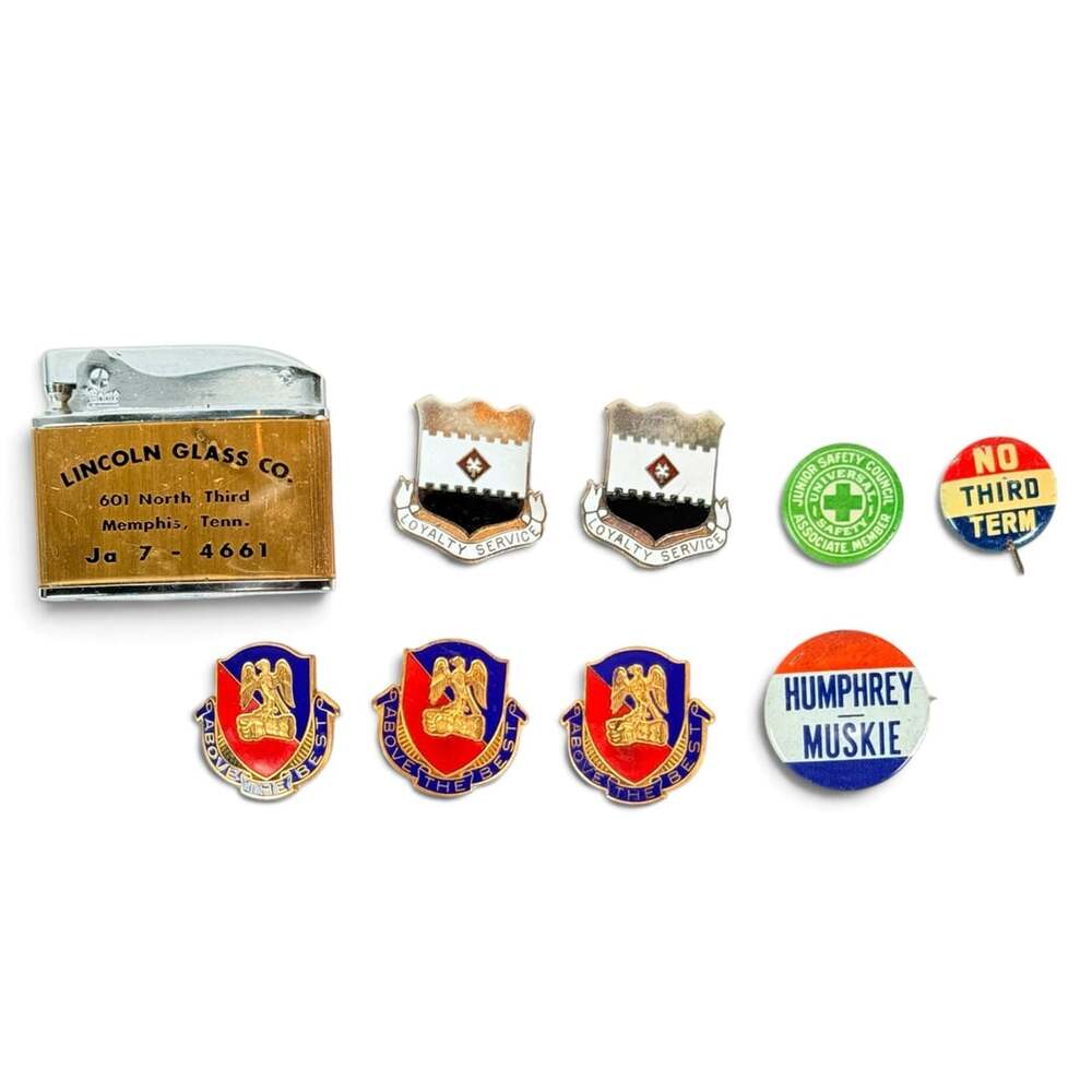 Vintage Lincoln Glass Co Advertising Lighter w/ Button and Pins Lot